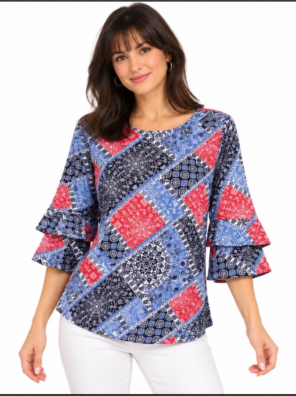 ⁠Ruby Rd. Red White Blue Patchwork Double Ruffle Sleeve Textured Top M